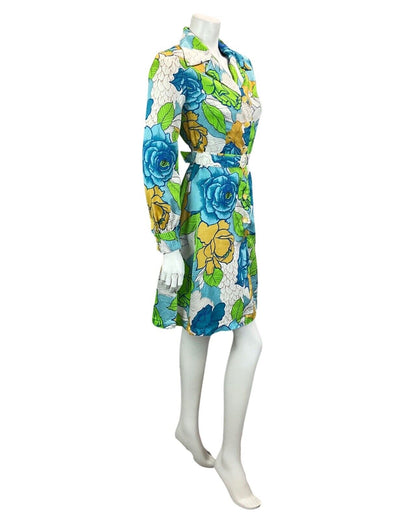 VINTAGE 60S 70S WHITE BLUE GREEN YELLOW FLORAL PRINT BOHO MOD MINI DRESS 10 12