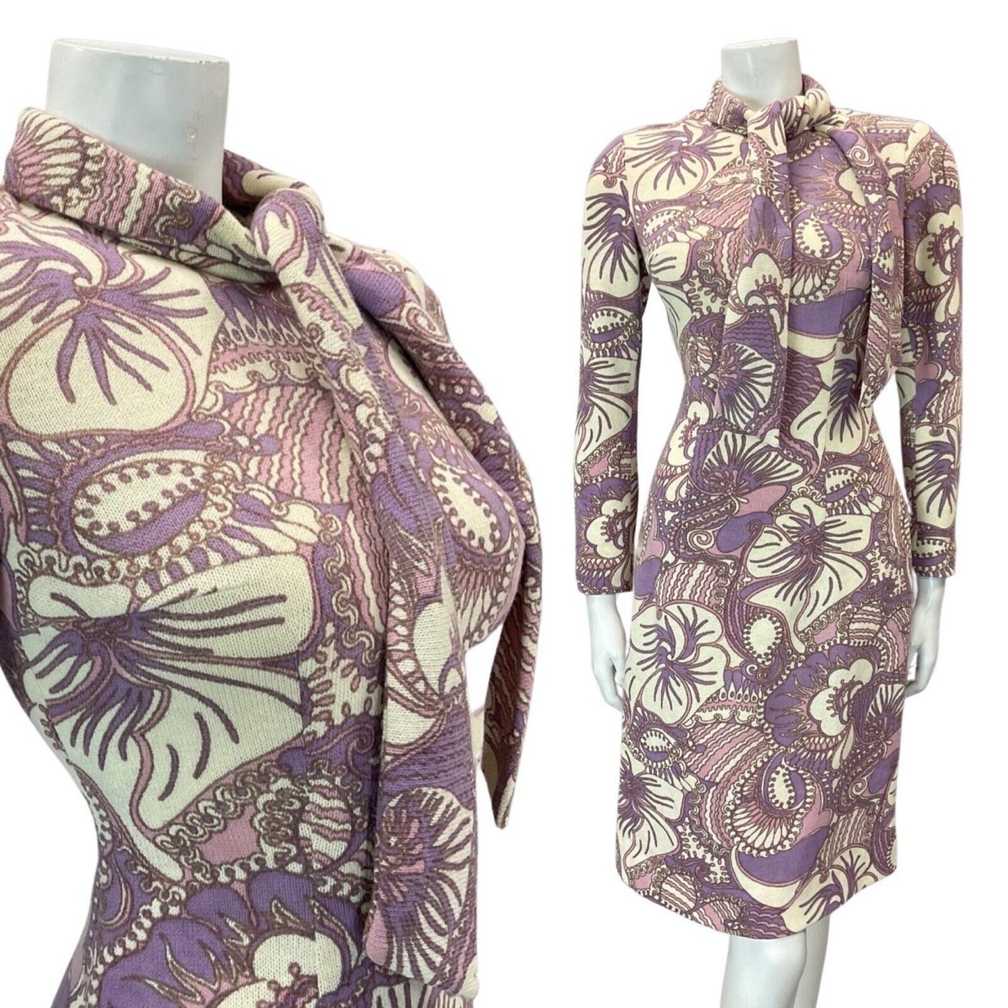 VINTAGE 60s 70s PURPLE CREAM PSYCHEDELIC FLORAL PUSSYBOW KNIT DRESS 10 12