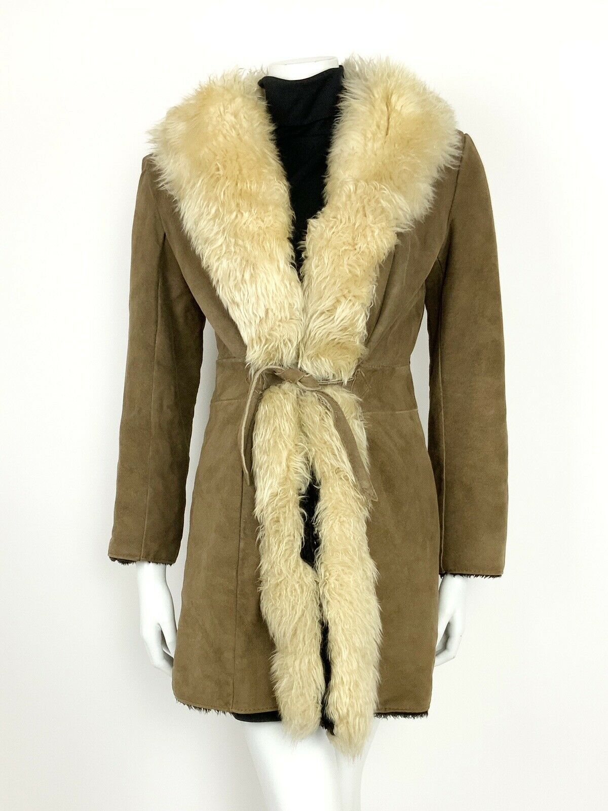 VINTAGE 60s 70s BROWN CREAM SUEDE SHEARLING AFGHAN FUR TRIM BOHO HIPPY COAT 8 10