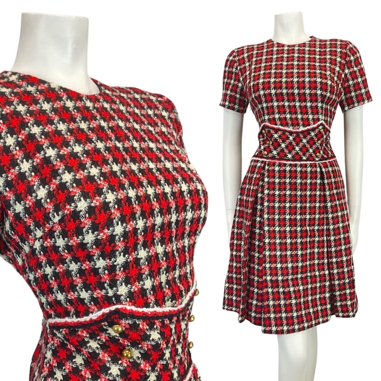 VINTAGE 60s 70s RED BLACK WHITE PLAID CHECKED MOD MINI WOOL DRESS 12