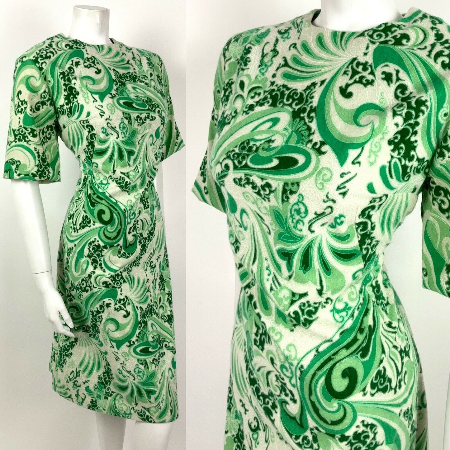 VTG 60s 70s FOREST GREEN CREAM SWIRL PSYCHEDELIC SCROLL SHIFT DRESS 14 16