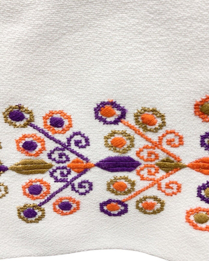 VINTAGE 70s WHITE ORANGE PURPLE CROSS-STITCH EMBROIDERED BOHO MAXI DRESS 10 12