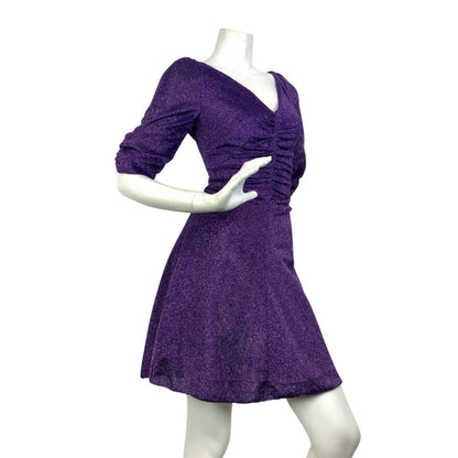 VINTAGE 60s 70s VIOLET PURPLE SPARKLY LUREX PUFF SLEEVE DISCO PARTY DRESS 8