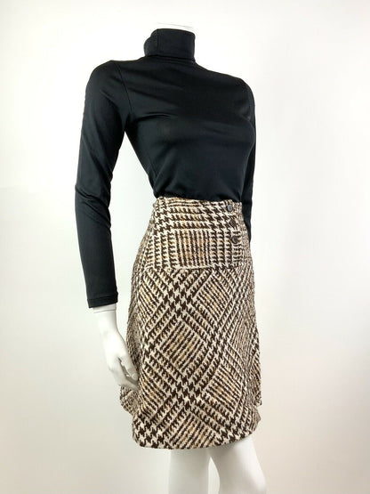 VINTAGE 60s 70s BROWN WHITE GOLD GEN CHECKED PLAID WOOL MOD SHORT SKIRT 4 6