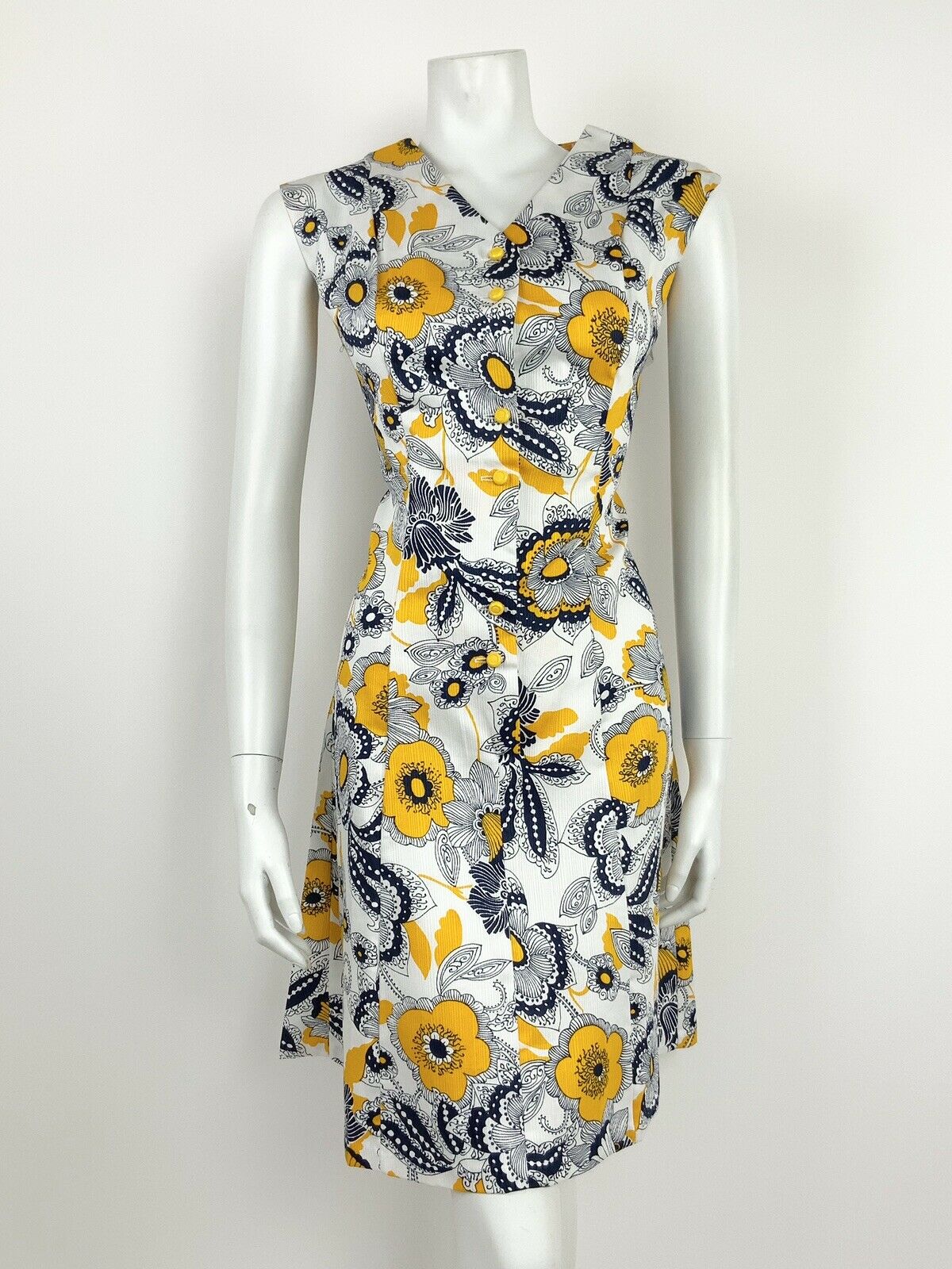 VTG 60s 70s BLUE YELLOW WHITE FLORAL SWIRL A-LINE MOD PSYCH FLOWER DRESS 12 14