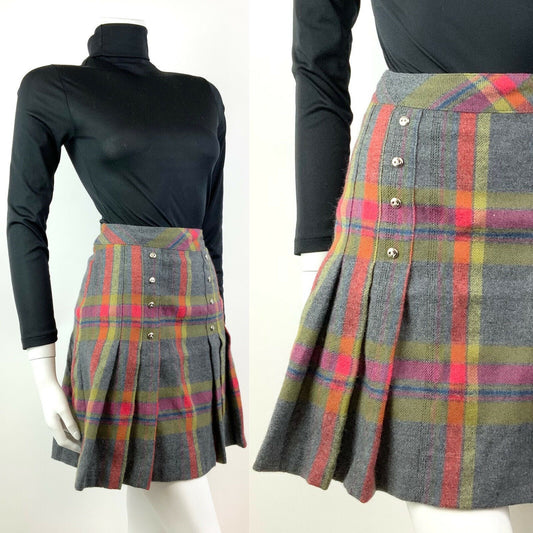 VINTAGE 60s 70s GREY YELLOW RED PLAID CHECKED MOD PREPPY PLEATED SHORT SKIRT 8