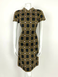 VINTAGE 60s 70s BROWN BLACK YELLOW WHITE GEOMETRIC SQUARE MOD SHIFT DRESS 10 12