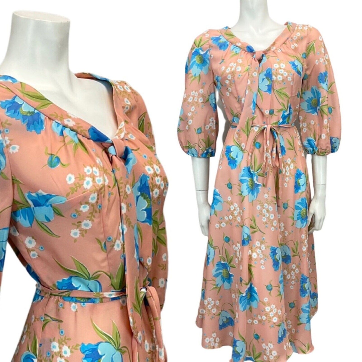 VINTAGE 60s 70s PASTEL PINK BLUE GREEN FLORAL PRINT MIDI TIE NECK DRESS 10 12