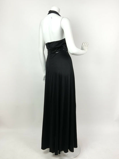 VINTAGE 60s 70s BLACK SEQUIN DISCO STUDIO 54 GLAM HALTER MAXI DRESS 10 12