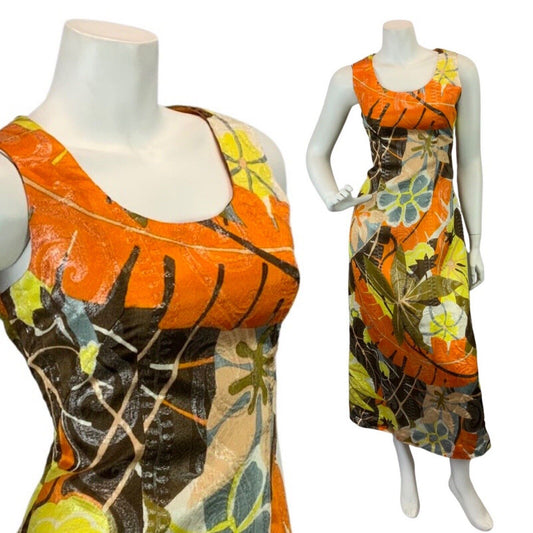 VINTAGE 60s 70s BROWN ORANGE YELLOW PSYCHEDELIC FLORAL LUREX MOD MAXI DRESS 10