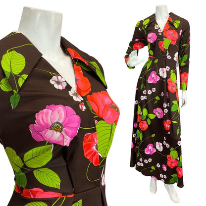 VINTAGE 60s 70s BROWN PINK GREEN FLORAL DAGGER COLLAR SHIRT MAXI DRESS 10