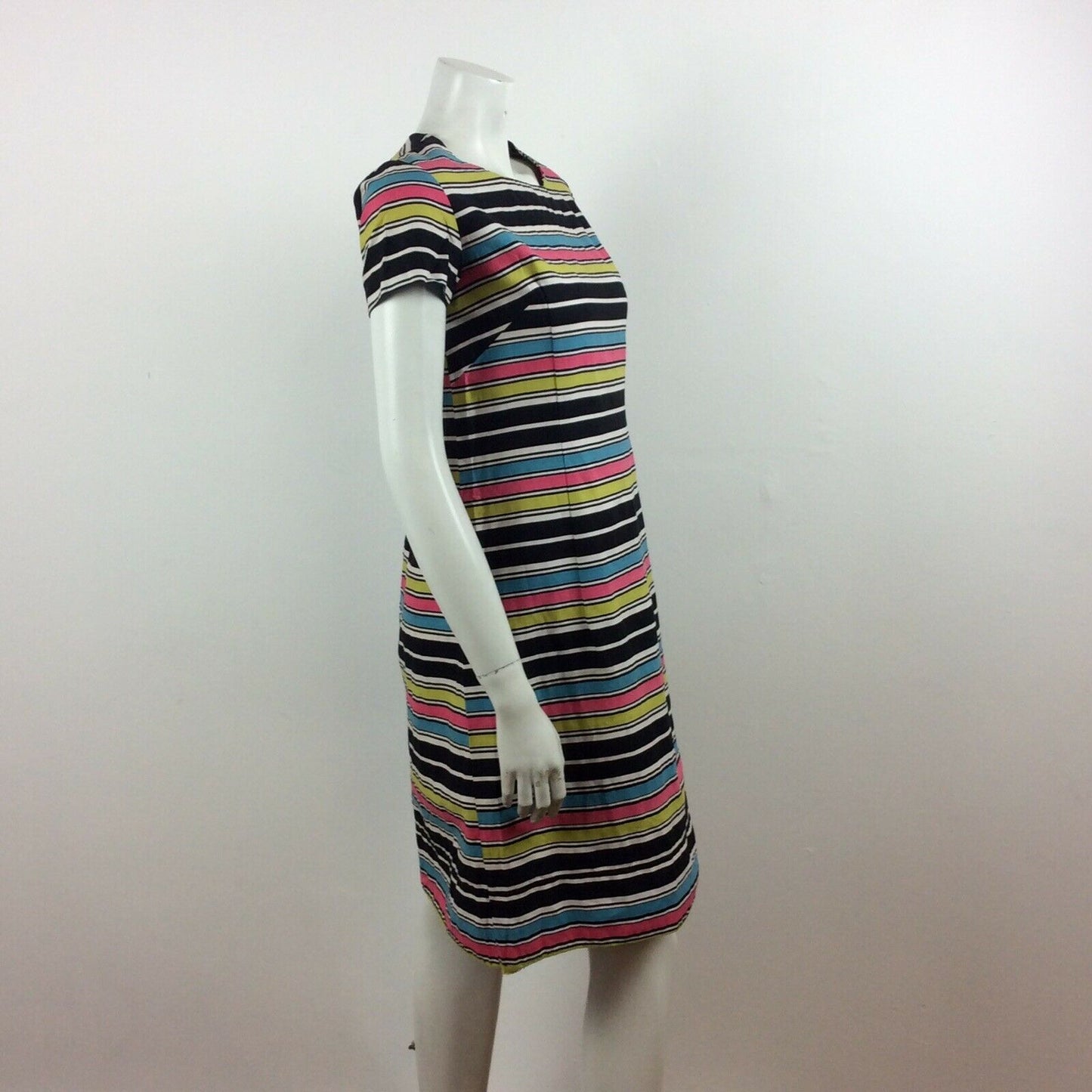 60S VINTAGE STRIPED BLACK WHITE GREEN PINK BLUE DRESS 12