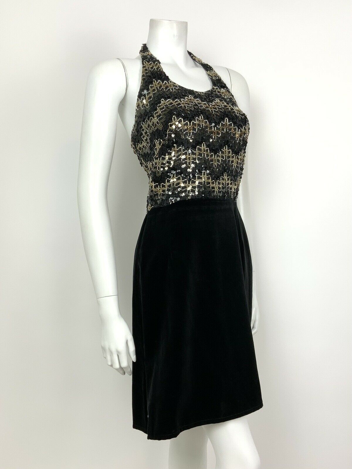 VINTAGE 60s 70s BLACK VELVET GOLD SEQUINNED DISCO STUDIO 54 HALTER DRESS 8 10