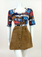 VINTAGE 60s 70s BROWN BLUE RED WHITE GEOMETRIC AZTEC MOD BLOUSE TOP 14 16