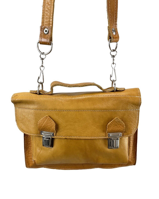 VINTAGE 60s 70s CAMEL BROWN MOD BOHO MINI SATCHEL SHOULDER BAG