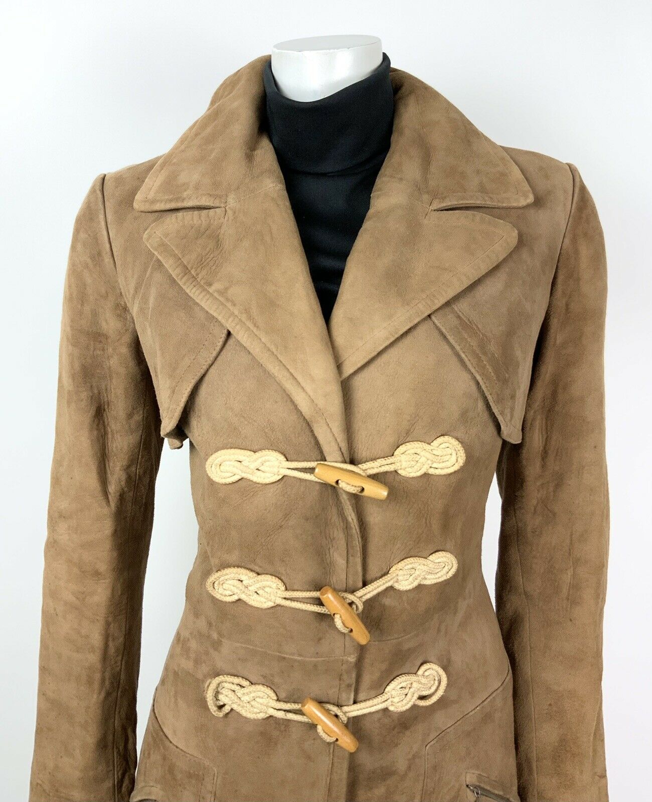 VINTAGE 60s 70s CAMEL BROWN SUEDE LEATHER FAUX FUR TOGGLE PRINCESS COAT 8 10