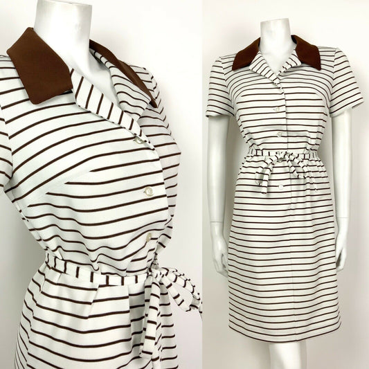 VINTAGE 60s 70s WHITE BROWN STRIPED SHIRT BELTED SHIFT DRESS 8 10