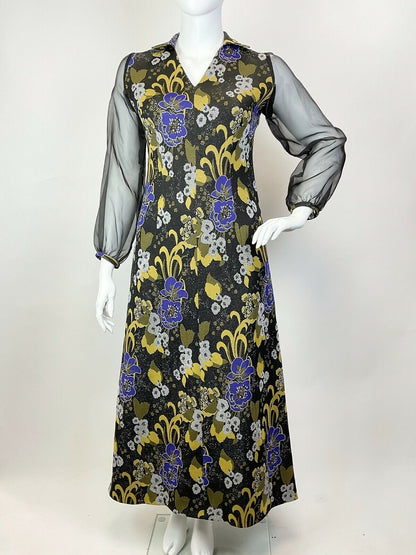 VTG 60s 70s BLACK PURPLE YELLOW LUREX PSYCHEDELIC FLORAL SHEER MAXI DRESS 16 18