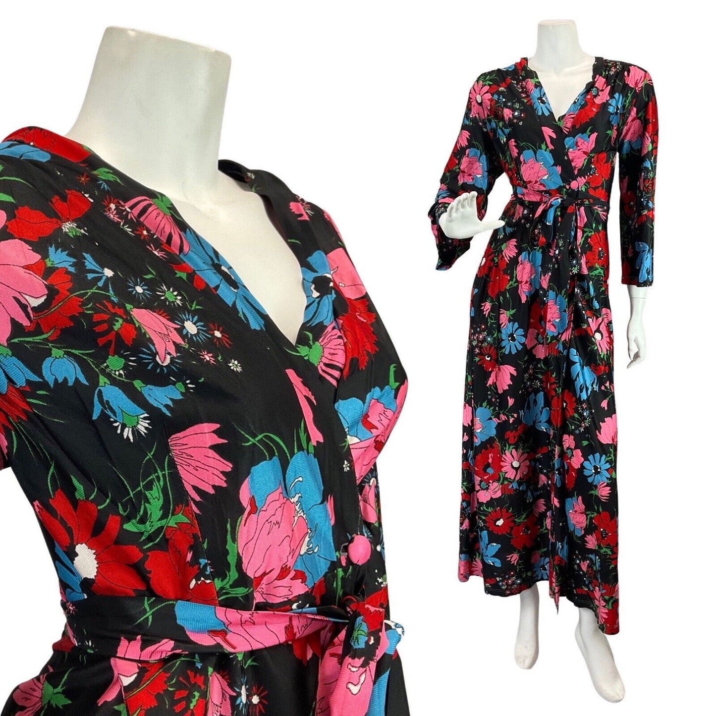 VINTAGE 60s 70s BLACK PINK BLUE FLORAL PSYCHEDELIC MOD WRAP MAXI DRESS 10 12