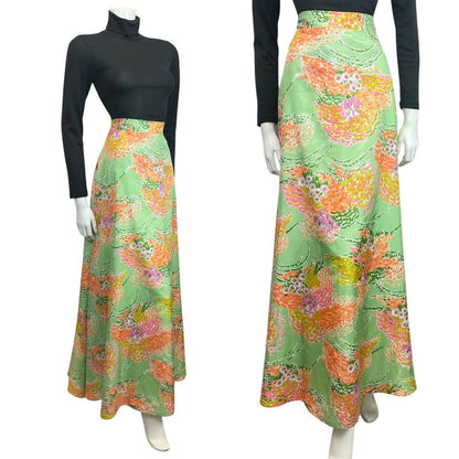 VINTAGE 60s 70s GREEN ORANGE LILAC FLORAL DITSY MOD BOHO MAXI SKIRT 10 12