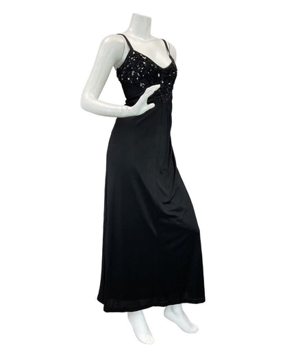 VINTAGE 60s 70s BLACK SEQUIN STRAPPY STUDIO 54 DISCO PARTY MAXI DRESS 8