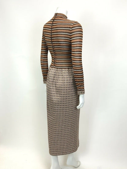 VINTAGE 60s 70s BROWN BRONZE SILVER GEOMETRIC TURTLENECK LUREX MAXI DRESS 6 8