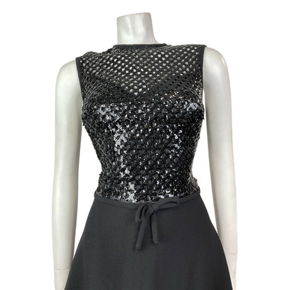 VINTAGE 60s 70s BLACK SEQUIN DISCO GLAM PARTY SLEEVELESS MOD SWING DRESS 10