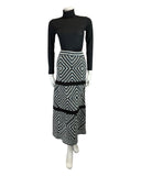 VINTAGE 70s BLUE BLACK WHITE DIAMOND CROCHETED BOHO FOLK KNITTED MAXI SKIRT 8