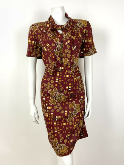 VINTAGE 60s 70s RED BROWN GOLD BLACK FLORAL PAISLEY SQUARE SHIFT DRESS 14 16