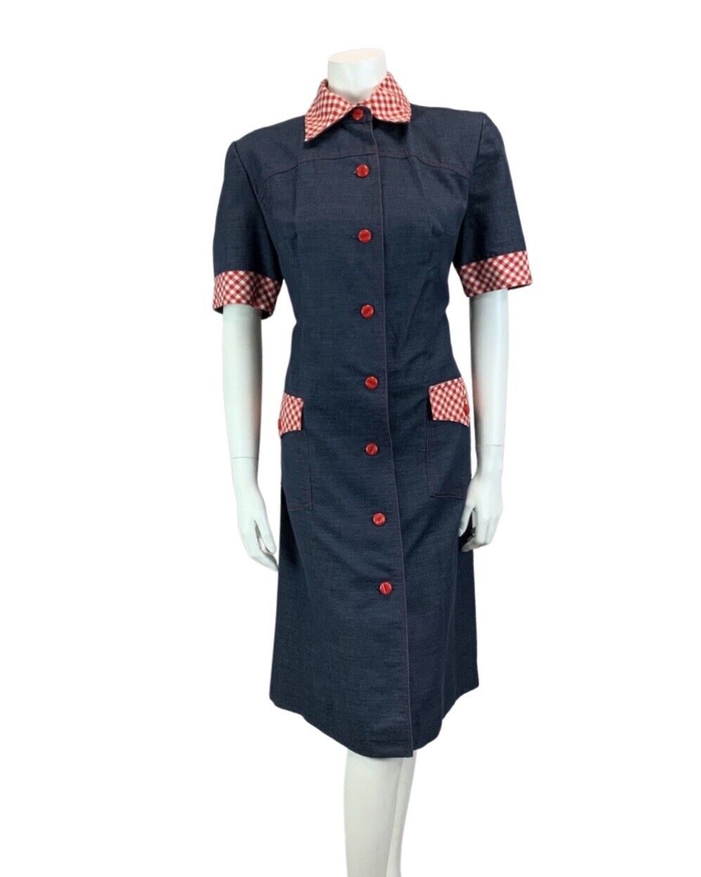 VINTAGE 60s 70s BLUE DENIM RED GINGHAM BUTTON DOWN MIDI SHIRT DRESS 14