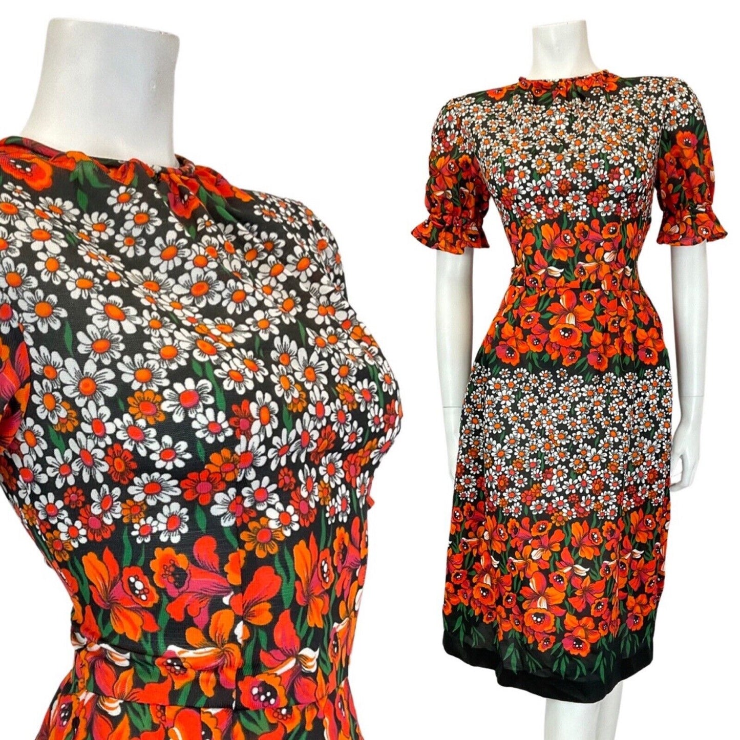 VINTAGE 60s 70s BLACK ORANGE GREEN FLORAL DAISY PUFF SLEEVE MIDI DRESS 8