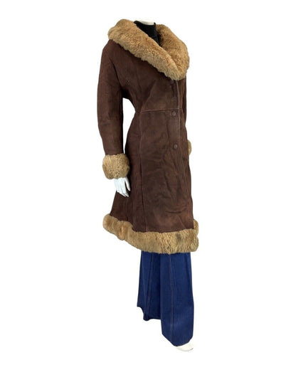 VINTAGE 60s 70s DARK BROWN CREAM BOHO SUEDE SHEARLING LONG COAT 14