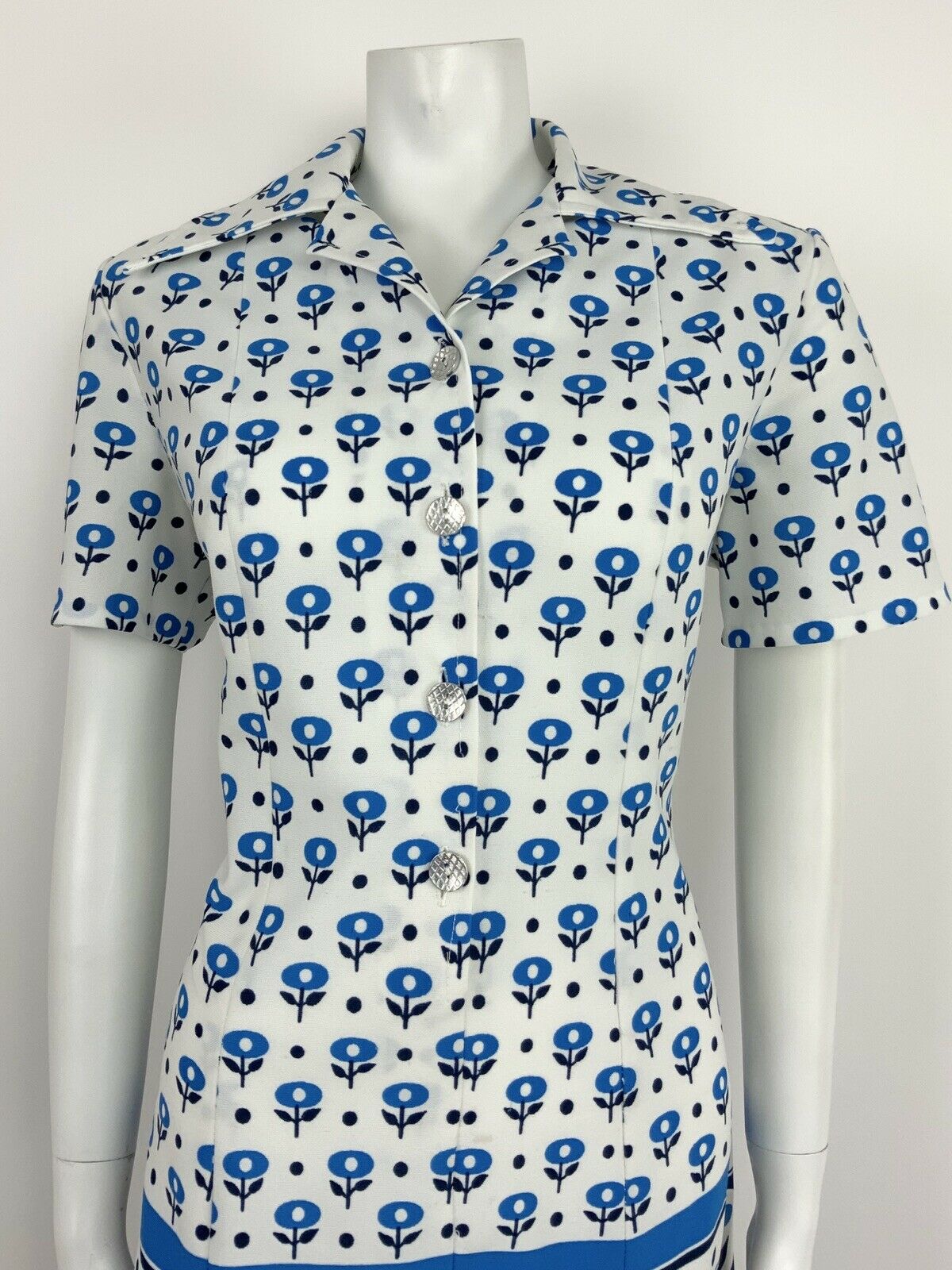 VTG 60s 70s MOD WHITE NAVY BLUE FLORAL SILVER TULIP WING COLLAR SHIRT DRESS 16