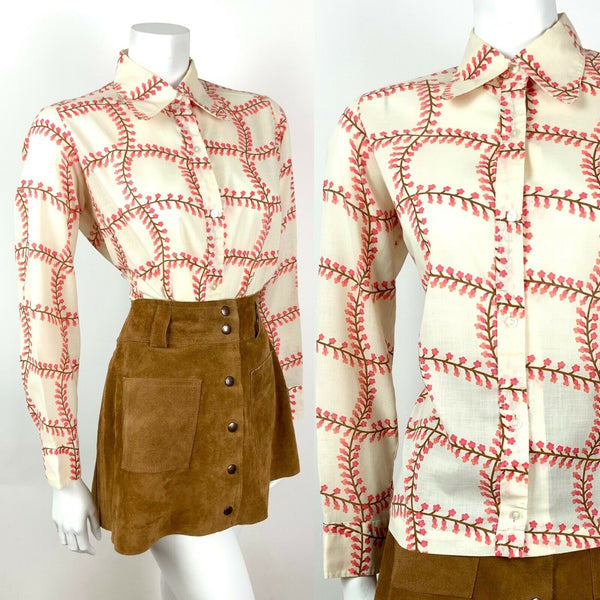 VINTAGE 60s 70s CREAM BROWN PINK GRID CHECKED FLORAL DAGGER SHIRT BLOUSE 14 16