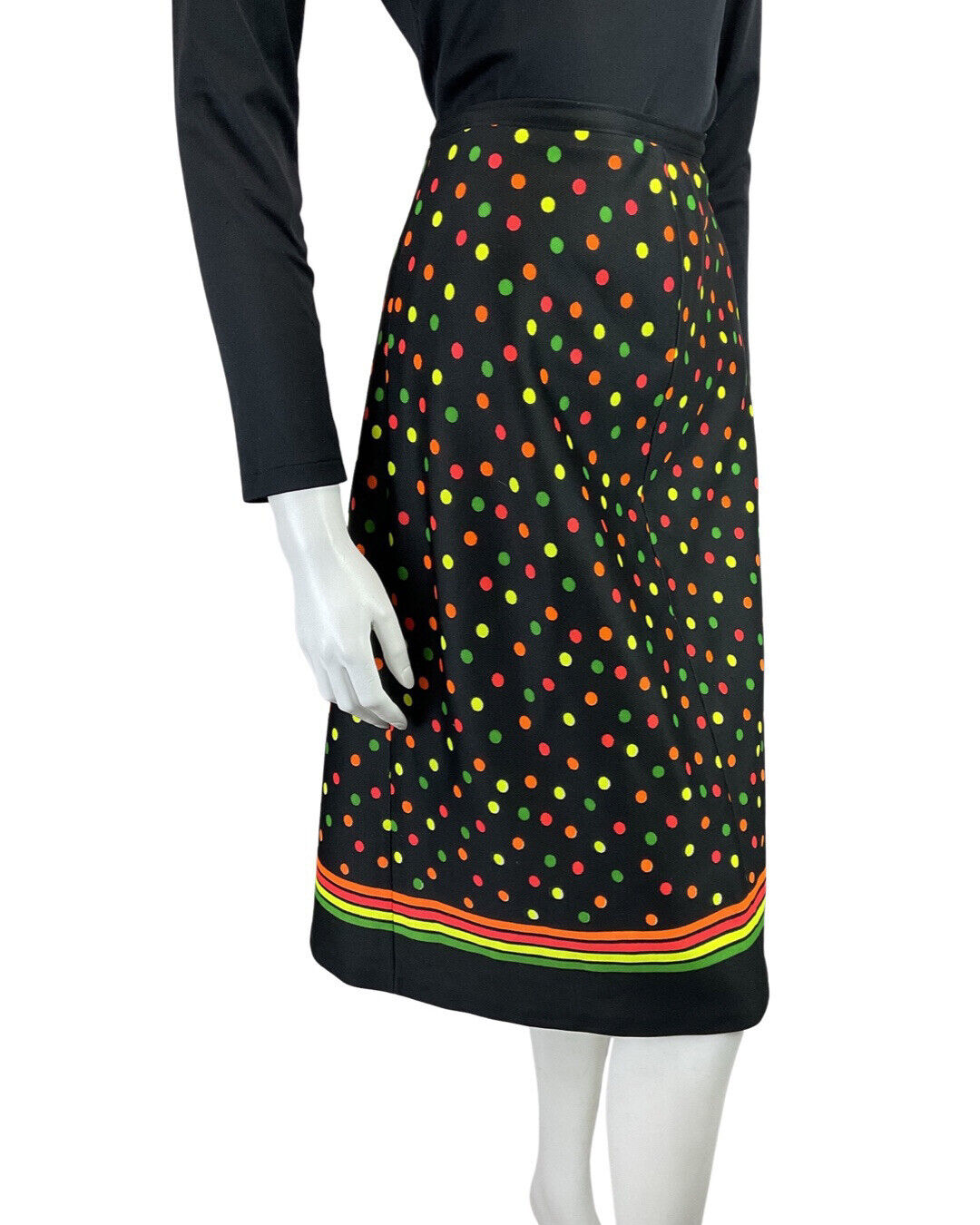 VINTAGE 60s 70s BLACK NEON GREEN ORANGE DOTTY SPOTTED MOD MIDI SKIRT 8