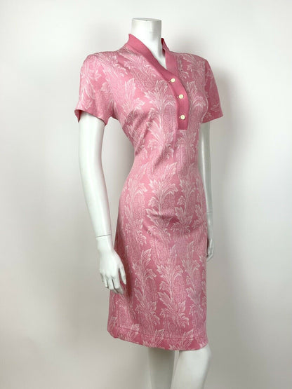 VINTAGE 60s 70s BABY PINK WHITE FLORAL PALM LEAF FITTED DRESS 14 16