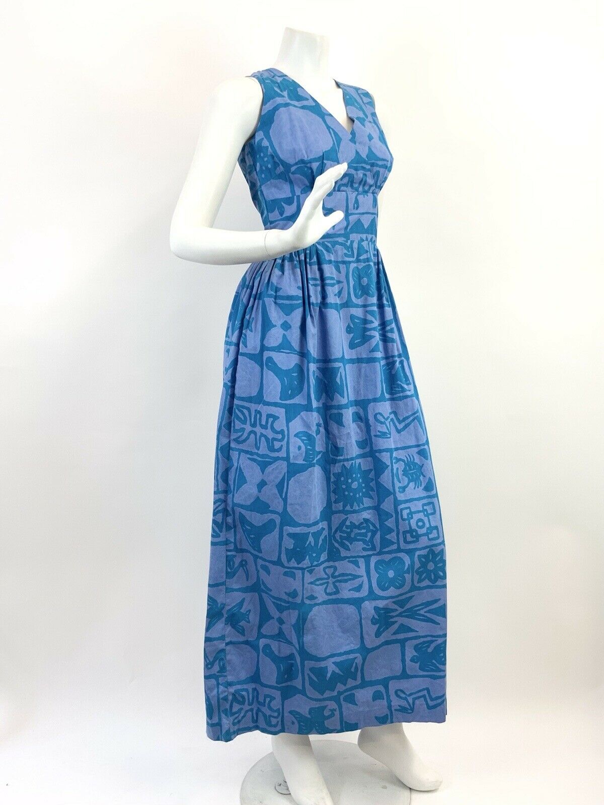 VINTAGE 60s 70s BLUE PURPLE GEOMETRIC AZTEC FLORAL FOLK SLEEVELESS MAXI DRESS 8