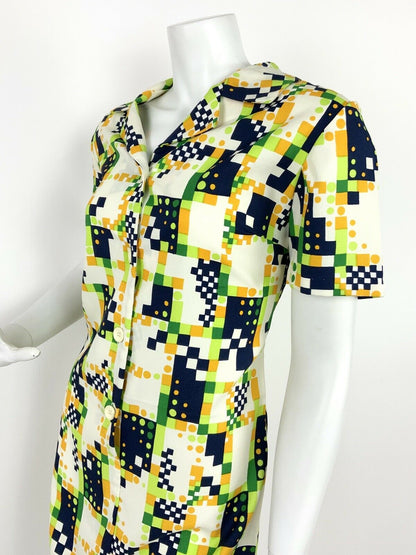 VINTAGE 60s 70s CREAM LIME GREEN BLUE ORANGE GEOMETRIC PIXEL SHIRT DRESS 10 12