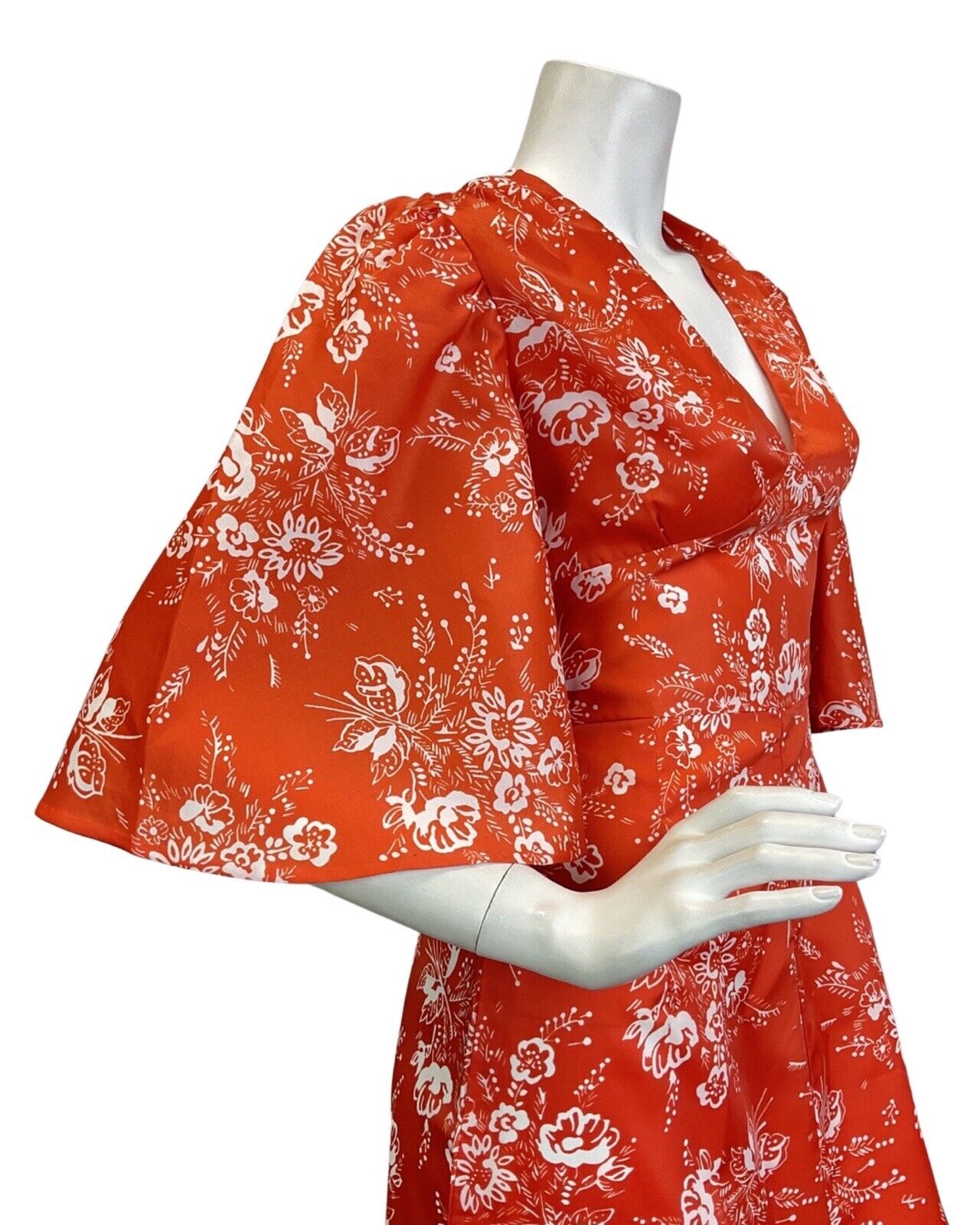 VINTAGE 60s 70s ORANGE WHITE FLORAL DOTTY BELL SLEEVE BOHO SUMMER MAXI DRESS 6