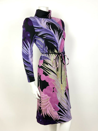 VTG 60s 70s PURPLE PINK BLACK GOLD FLORAL FEATHER TURTLENECK BELTED DRESS 10 12