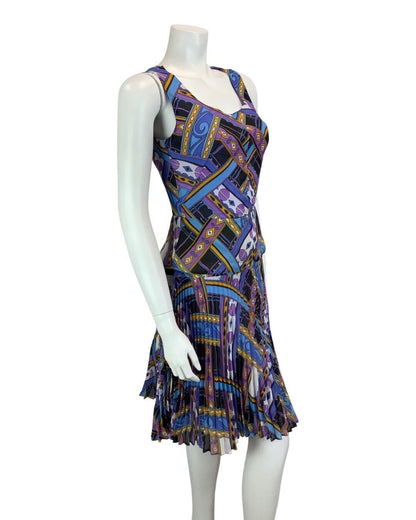 VINTAGE 60s 70s PURPLE BLUE ORANGE FUNKY PRINT PLEATED MIDI DRESS 8 10