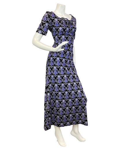 VINTAGE 60s 70s PURPLE BLACK PSYCHEDELIC NOUVEAU DECO MAXI DRESS 10 12