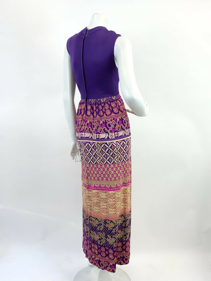 VTG 60s 70s PURPLE PINK GREEN BEIGE FLORAL GEOMETRIC SLEEVELESS MAXI DRESS 10