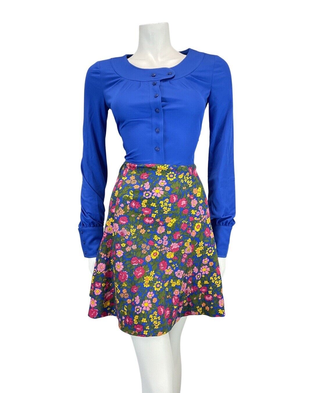 VINTAGE 60s 70s BLUE PINK YELLOW FLORAL VINE MOD LONGSLEEVE SHORT DRESS 10