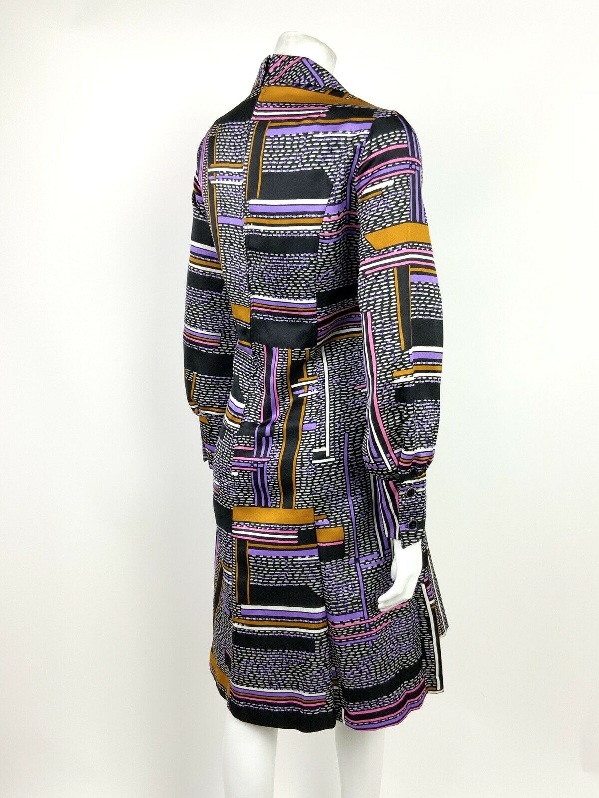 VTG 60s 70s MOD BLACK WHITE PURPLE PINK GOLD GEOMETRIC STRIPED SHIRT DRESS 14 16