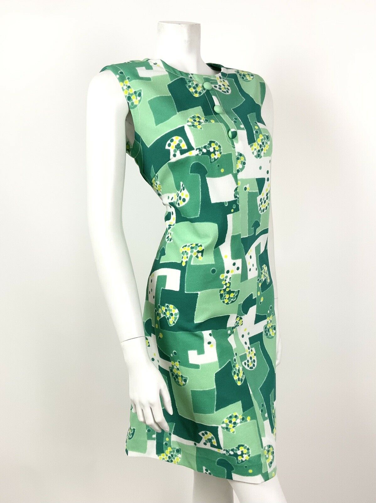 VINTAGE 60s 70s GREEN LIME MINT WHITE GEOMETRIC DOTTY MOD SHIFT DRESS 14 16