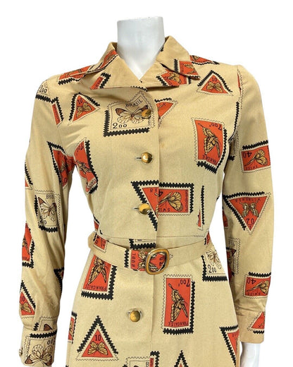 VINTAGE 70s 90s GOLD RED POSTAGE STAMP BUTTERFLY MOD BELTED SHIRT DRESS 8 10