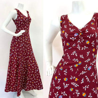 VINTAGE 60s 70s WINE RED WHITE BLUE FLORAL LEAF SLEEVELESS BOHO MAXI DRESS 10 12