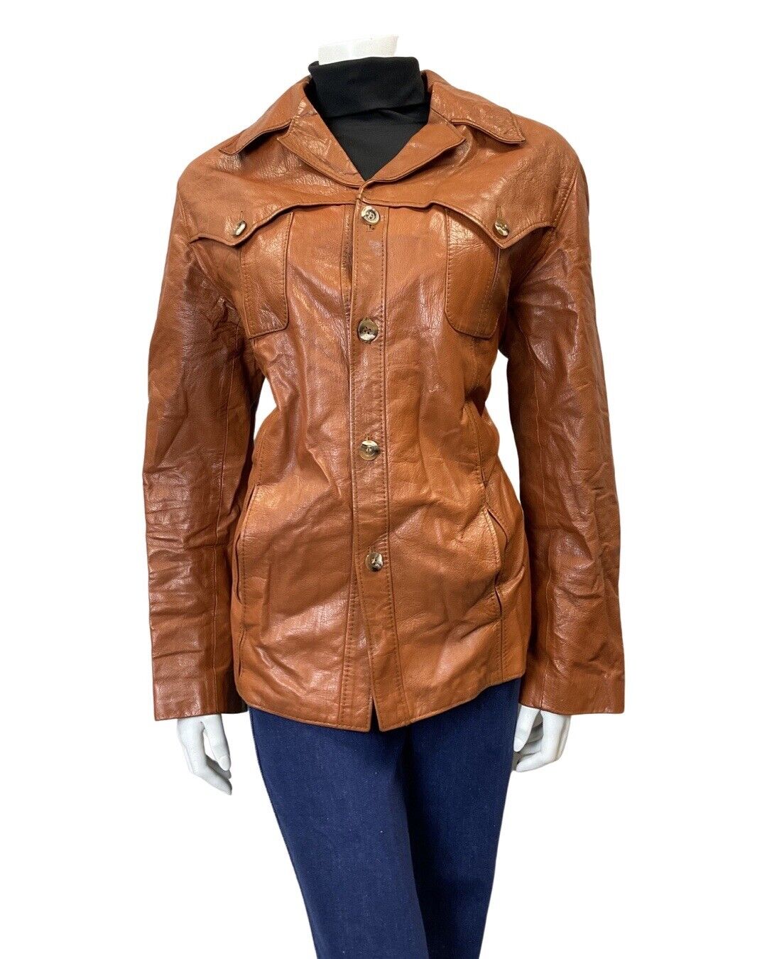 VINTAGE 60s 70s TAN BROWN WESTERN MOD LEATHER JACKET 14 16