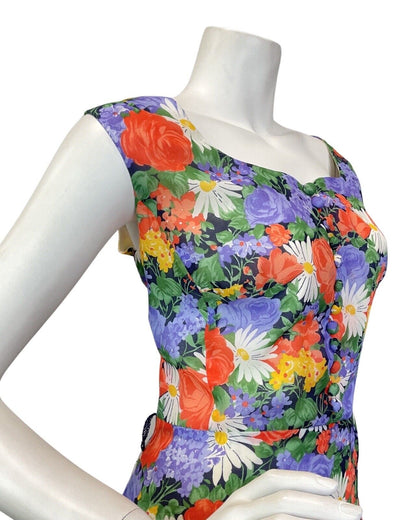 VINTAGE 60s 70s PURPLE GREEN RED ROSE DAISY FLORAL SLEEVELESS MAXI DRESS 16